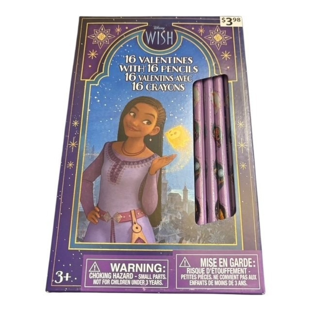 Disney Wish 16 Valentines with 16 Pencils Kids Valentine Cards Set